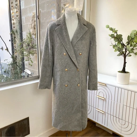 GUESS NWT Textured Wool Blend Double Breasted Coat Light Stone Heather Size S - Picture 5 of 16